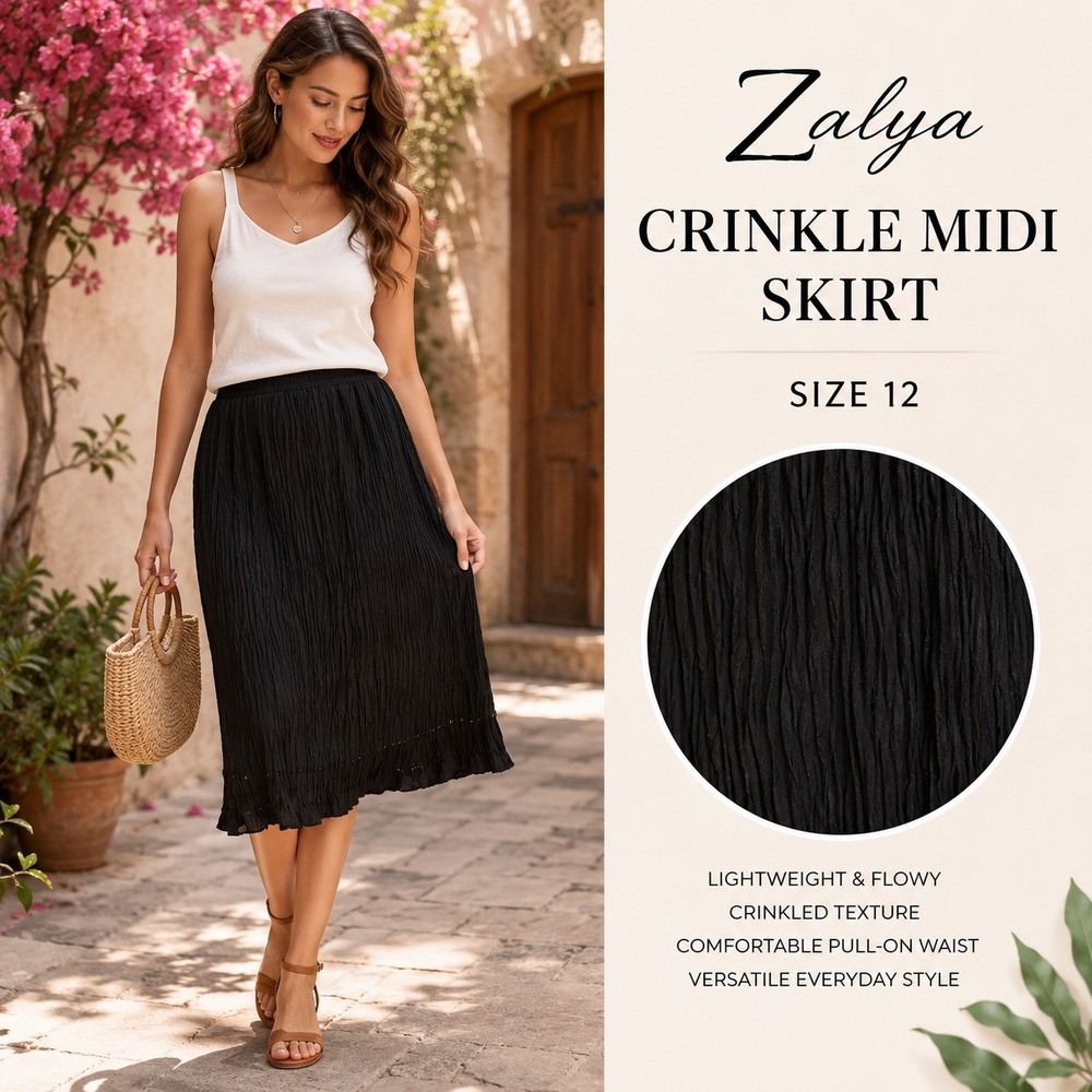 Zalya Black Crinkle Pleated Midi Skirt Womens Size 12 Beaded Hem Lightweight